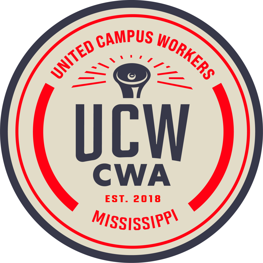 UCW-CWA Mississippi Logo: In a circle: top text is United Campus Workers. Below that the image of a bullhorn and then the text UCW CWA Est. 2018 Mississippi.
